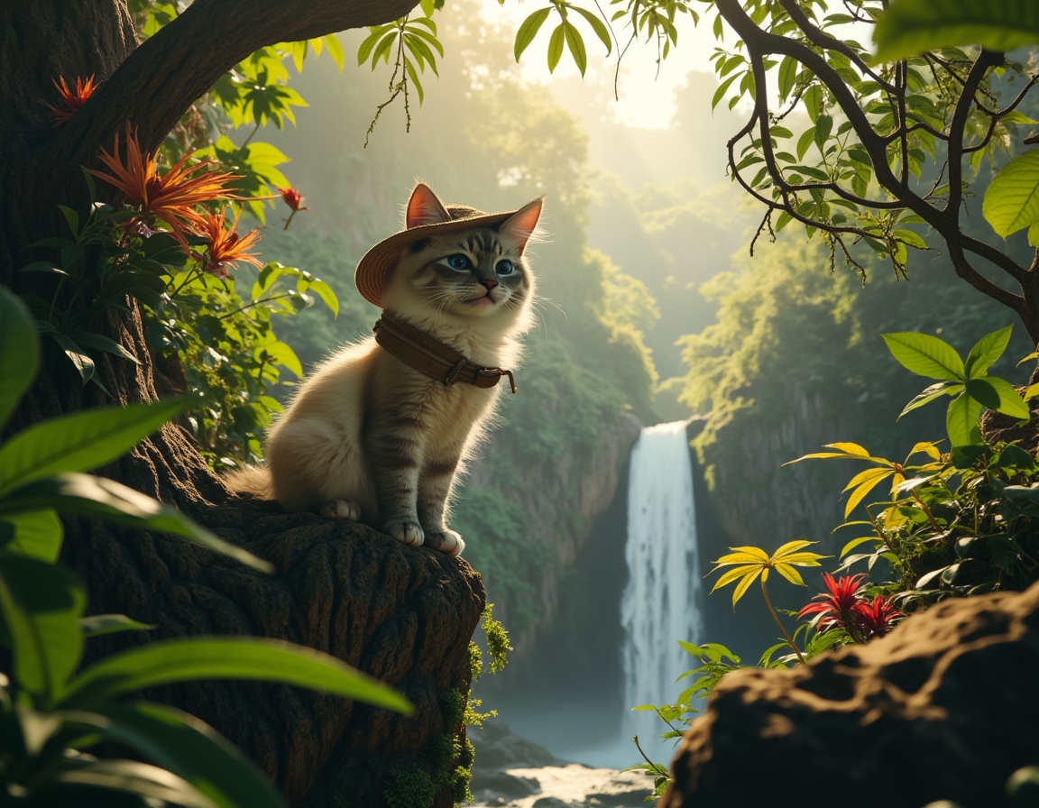Cat wearing an explorer’s hat climbs a tree in a lush jungle. Waterfalls and dense greenery surround the scene, with sunlight filtering through the canopy.
